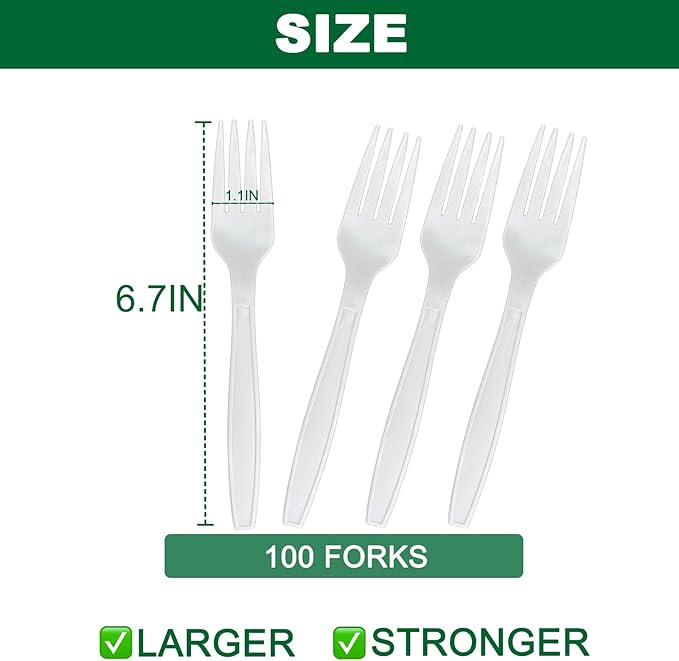 100pcs 100% Compostable Biodegradable Utensils Disposable Cutlery Set Cornstarch Spoon Fork Knife Alternative to Plastic (Fork 100)