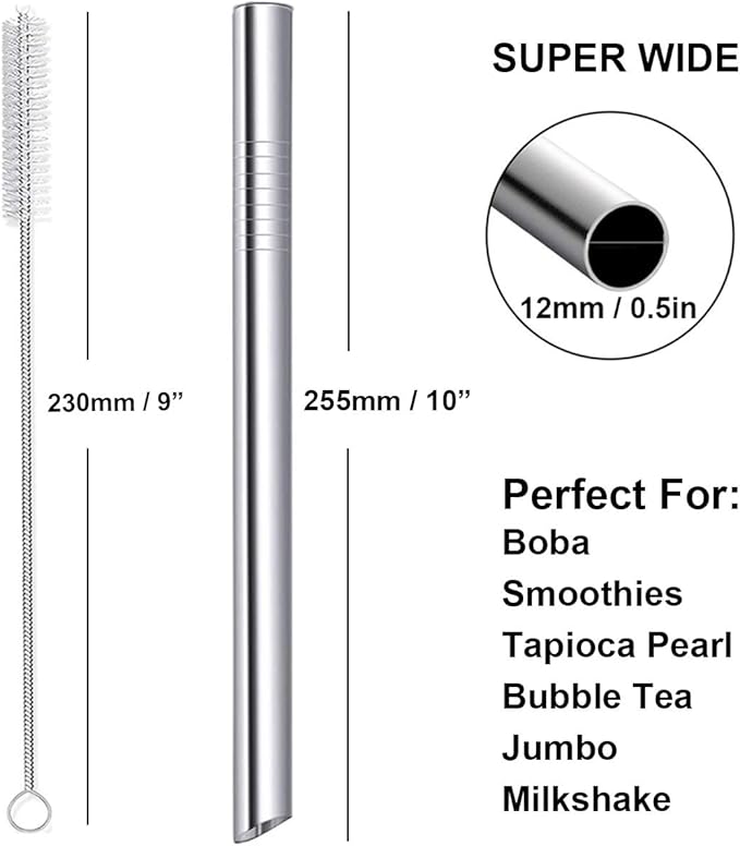 Metal Boba Straws Reusable Smoothies Straws 10" Stainless Steel Straw Angled Tips 0.5" 1/2 In Wide Straw for Jumbo Bubble Tea Milkshakes Milk Tea Tapioca Pearl With Silicone Tips Carry Bag Brush 2 Pcs
