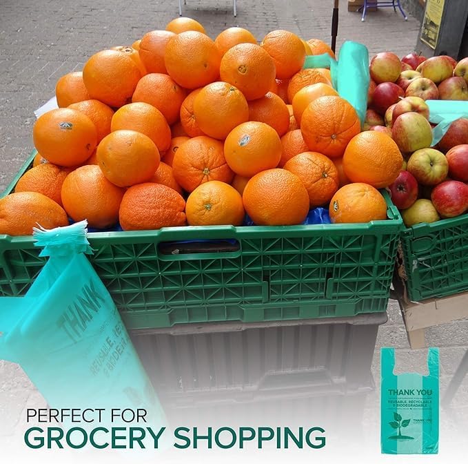 Stock Your Home Eco Grocery Bags Disposable T-Shirt Thank You Bag with Handles for Supermarket, Groceries, Produce, Shopping - Image 5