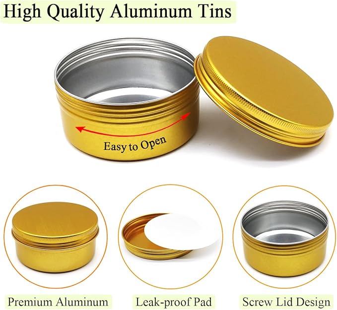 6pcs 150ml Aluminum Tin Jars with Screw Cap Lids, 5oz Empty Makeup Lip Balm Containers Round Travel Jars Cosmetics Pots, Gold Metal Cans for Slime Salve Cream Candle Powder Tea Beads Paints