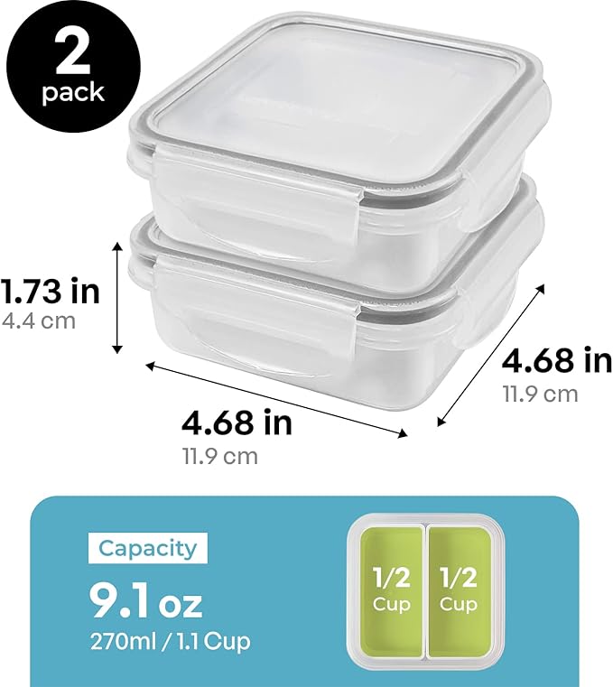 carrotez 2 Compartment Small Snack Containers, Mini Snack Containers for Mini Fridge, Small Food Storage Containers, Airtight Lids, Reusable, 1.1 cup, 2 PACK