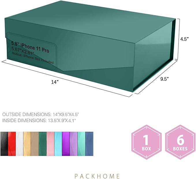 PACKHOME 6 Large Christmas Gift Boxes with Lids 13.5x9x4.1 Inches, Sturdy Collapsible Gift Boxes with Magnetic Closure for Xmas (Glossy Dark Green)