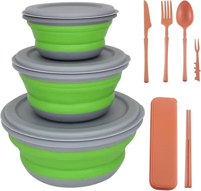 Collapsible Bowl, 3 Pcs Food Grade Silicone Camping Bowl, Expandable Salad Bowl Lunch Box with Lid & Tableware for Travel and Picnic (Green)