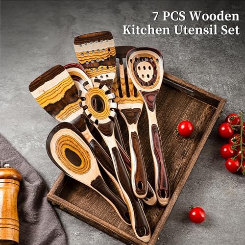 Gudamaye 7-Piece Brown Pakkawood Utensils Set – Sturdy, Eco-Friendly, Wooden Spoons for cooking, Wooden Utensil for cooking, Wooden Kitchen Tool, Home & Kitchen Gifts for Men and Women - Image 3