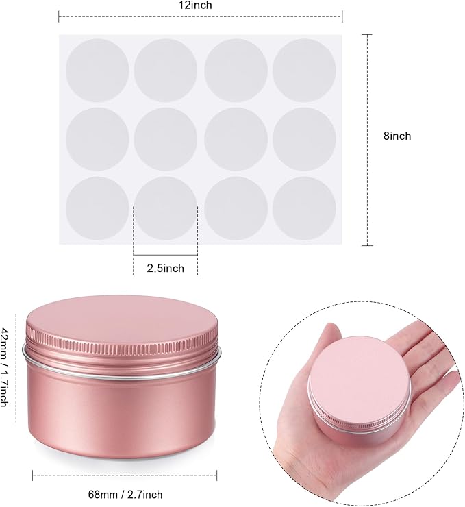 Patelai Rose Gold Christmas Aluminum Tin Cans 24 Pcs 4 oz Round Metal Tin Jar Containers Refillable Aluminum Storage Cans with Screw Lid and 10 Sheets Label Sticker for Salve Spice Candy Candle
