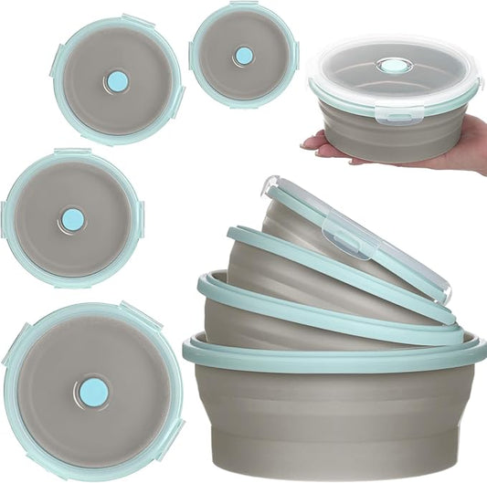 Suclain 4 Pcs Collapsible Bowls with Lids Silicone Camping Food Storage Container Expandable Folding Salad Lunch Box Travel Container for Hiking Camping(Blue Rim Gray,12, 17, 27, 41 oz)