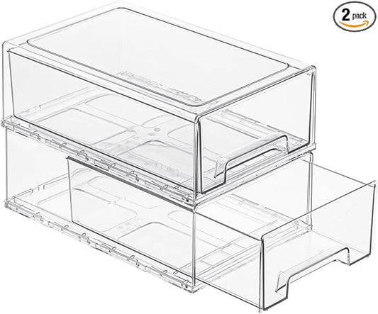 PeJeyiee 2 Pack Stackable Pull-Out Storage Drawers，Plastic Clear Organizer Bins with Handles，Easily Clean for Craft, and Toy Organization，Kitchen Undersink，Cabinet，Fridge，Closet，Pantry，Office，Bathroom
