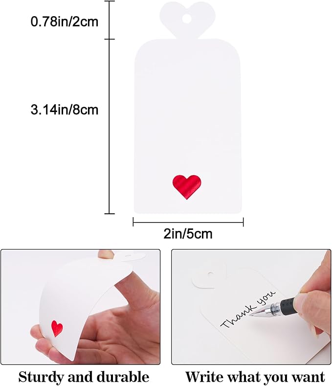 joycraft 100pcs Blank Gift Tags with String, 4x2 in White Paper Tags with Foil Red Heart, Personalized Gift Wrapping Labels for Birthday, Baby Shower, Wedding, Valentine's Day
