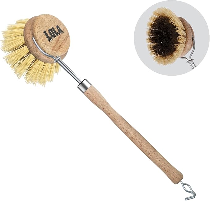 LOLA - The Original- Pot & Pan Brush, Heavy Duty Brass Wire & Tampico Bristles, Handle Made from Sustainable Birch Wood for Cleaning, 1 Pack