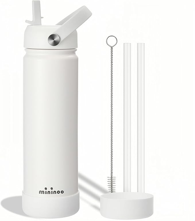 Mininoo Insulated Stainless Steel Water Bottle with Straw, Ceramic-Lined, BPA-Free & Leak-Proof, 24 oz, White