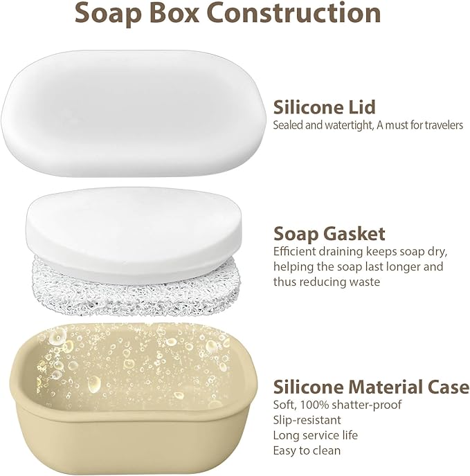 Leakproof Silicone Travel Soap Case with Drainage Layer, Silicone Bar Soap Holder Compact Portable Shatterproof Soap Container Box for Bathroom Gym Camp Travel Toiletries (Sand, Clear Lid)