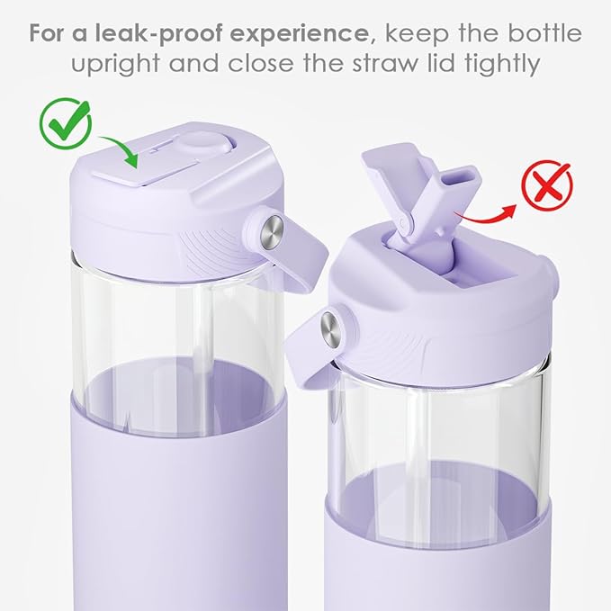 Glass Water Bottle with Silicone Sleeve and Straw Lid 20oz for Girls Women, Glass Drinking Bottles for Travel Home Gym Sports (Amethyst Whisper)