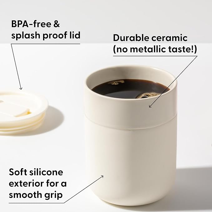 W&P Porter Ceramic Mug w/ Protective Silicone Sleeve, Cream 12 Ounces | On-the-Go | No Seal Tight | Reusable Cup for Coffee or Tea | Portable | Dishwasher Safe (WP-PMC-CM)