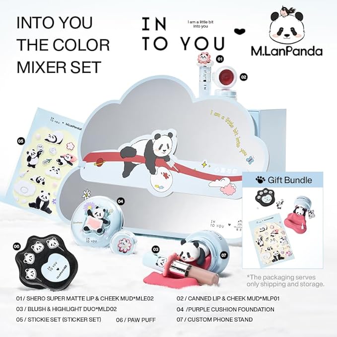 INTO YOU x M.Lan Panda The Color Mixer Set Limited Edition - 7 pieces Makeup Box Sets, Matte Lipstick + Canned Lip Mud + Blush & Highlight Duo + Cushion Foundation + Gift Bundle, M02 Set