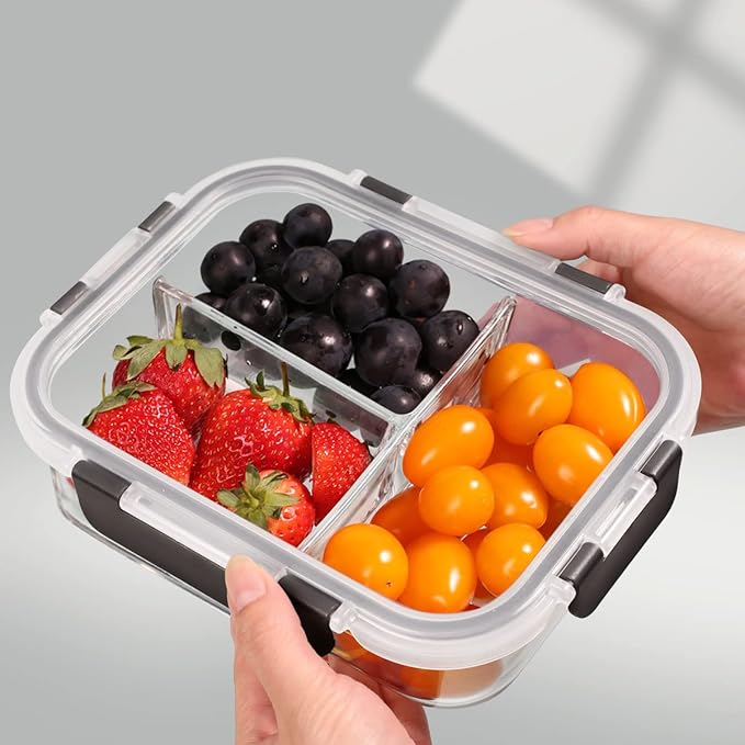 DAS TRUST 3 Pack Bento Box Glass Meal Prep Container 3 Compartment Glass Food Storage Containers with Lids Meal Prep Bowls Lunch Box for Oven