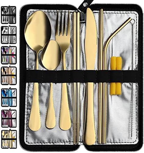 VANDBAO Camping Utensils Set, Portable Travel Utensils with Case for Fixing Tableware, Reusable Stainless Steel Stable Cutlery Set, Lunch Picnic Flatware Silverware (Gold Set) by VANDBAO