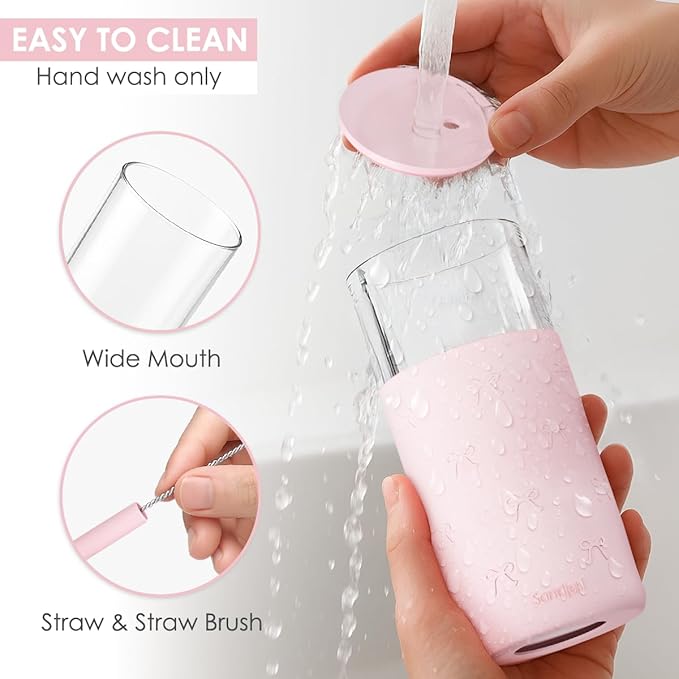 SANDJEST Glass Tumbler with Straw and Lid, Bow Glass Water Bottle with Silicone Sleeve 20oz, Smoothie, Iced Coffee Cup, Gifts for Women Teen Girls Birthday Christmas