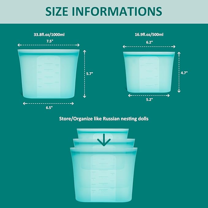 8-Pack Reusable Silicone Food Storage Bags, 100% Silicone Stand-Up Wide-Open Zip-Lock Reusable Storage Bags for Food, Freezer Microwave Oven Dishwasher Safe, Aqua, 4M 4S