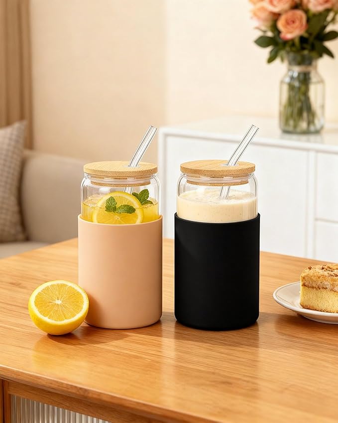 Glass Cups with Lids and Straws, 2 Pack 16OZ Iced Coffee Cups with Silicone Sleeve, Glass Tumbler with Straw and Bamboo Lid, Home Essential Drinking Set for Juice, Cocktail and Latte Black&Khaki