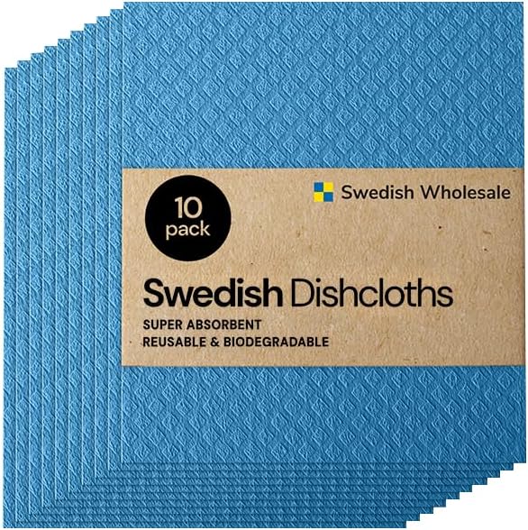 Swedish Wholesale Dishcloths, Cellulose Sponge Cloths – Bulk 10 Pack of Eco-Friendly, No Odor, Reusable Cleaning Cloths for Kitchen – Absorbent Dish Cloth Hand Towel