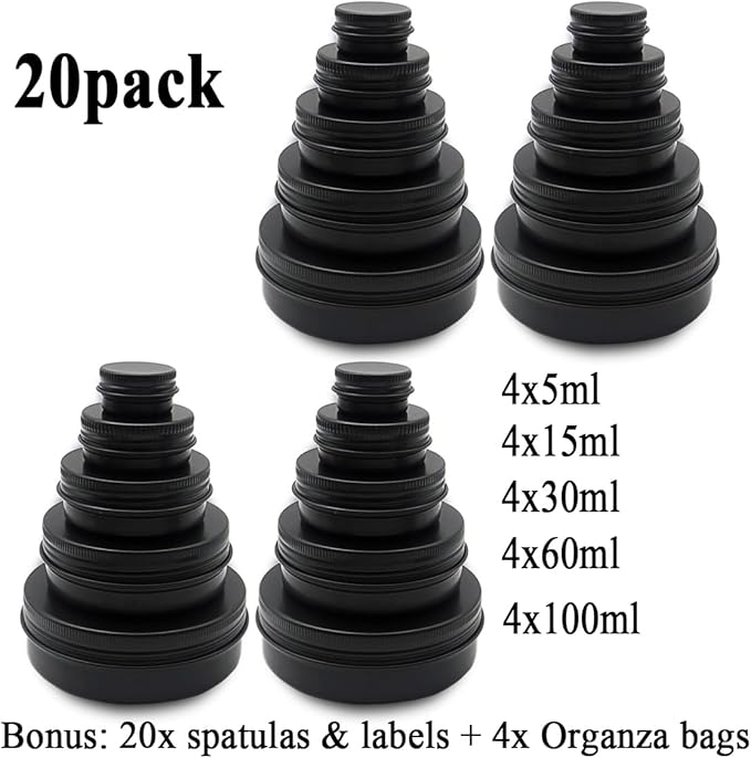 20pack 60ml 2oz Aluminum Tin Jars, 100ml Empty Travel Cosmetic Sample Container, 50 gram Black Metal Tins Can 30ml Storage Travel Jars for DIY Lip Balms, Face Cream, Candle, Tea (mixed size)