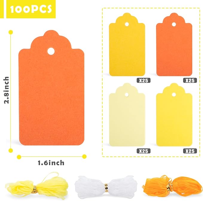 SallyFashion 100PCS Gift Tags, Yellow Paper Tags Hanging Label with Organza Ribbons for Gift Wrapping Fall Thanksgiving DIY Crafts Decoration