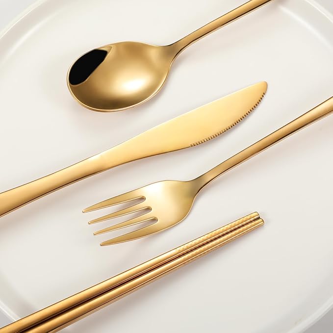 Travel cutlery set, 18/8 stainless steel cutlery, Reusable utensils set with case, Portable Silverware Lunch Box for Camping and Office (Rose Gold)