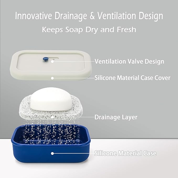 Enhanced Leak Proof Travel Case with Lid, Large Silicone Container for Traveling,Shampoo Bar Holder, Soap Dish with Draining Layer, Bar Soap Caddy (Offwhite & Blue)