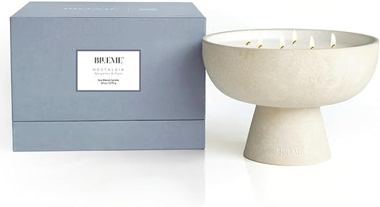 BLUEME Nostalgia - Bergamot & Musk, Luxury Candle w/Essential Oils, 6 Wick, Hand-Poured Soy, Cotton Wick, Ceramic