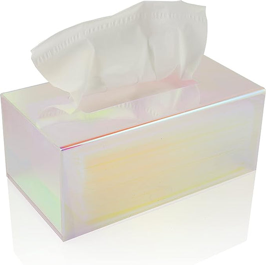 Acrylic Tissue Box Holder, Clear Dispenser for Facial Tissues, Napkins, and Dryer Sheets. Perfect for Bathrooms, Desks, Countertops, Vanities, Bedrooms, and Nightstands (Rectangle, Iridescent)