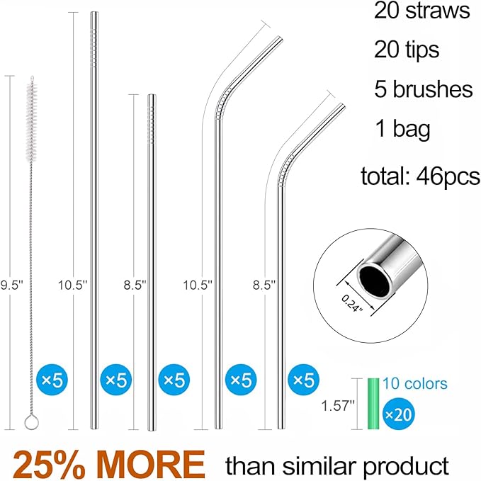 20 Pack Reusable Stainless Steel Metal Straws,10.5" & 8.5" Reusable Drinking Straws with 20 Silicone Tips 5 Straw Brushes 1 Travel Case,Eco Friendly Extra Long Metal Straw Fit for 20 24 30 oz Tumbler