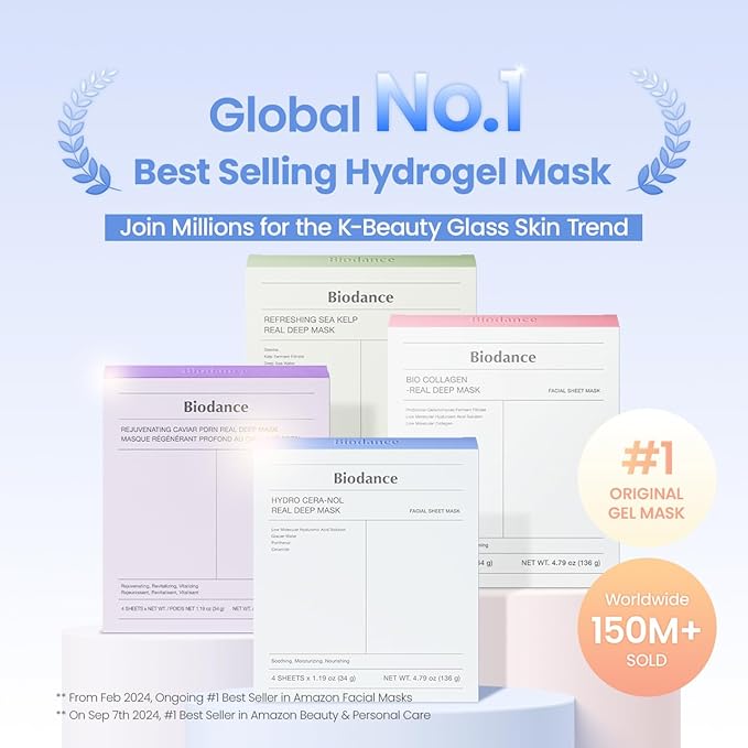 BIODANCE Hydro Cera-nol Real Deep Mask, Overnight Hydrogel Mask, Hydrating Facial Mask For Sensitive Skin, Redness Reducing & Quick Soothing Effect, Korean Skin Care, Gifts for Women |1.19oz(34g)x4ea