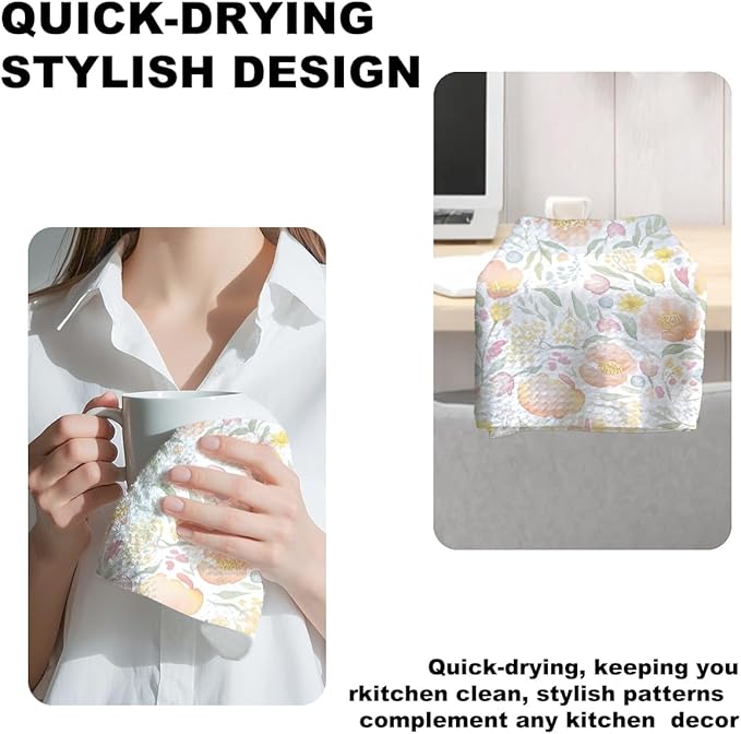 2Pcs Watercolor Floral Kitchen Towels 24x14 Inch, Spring Summer Flower Waffle Hand Towels for Kitchen Home Farmhouse Decor, Absorbent Microfiber Dish Cloth Tea Towel, Housewarming Gifts for Women
