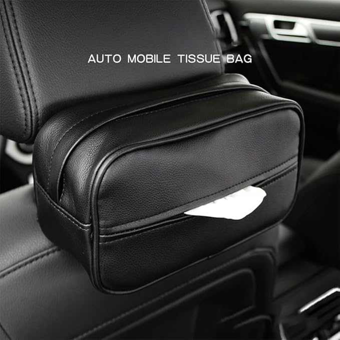 Car Tissue Holder, Travel Napkin Dispenser - PU Leather Fits Most Cars, SUVs, Trucks, and Vans