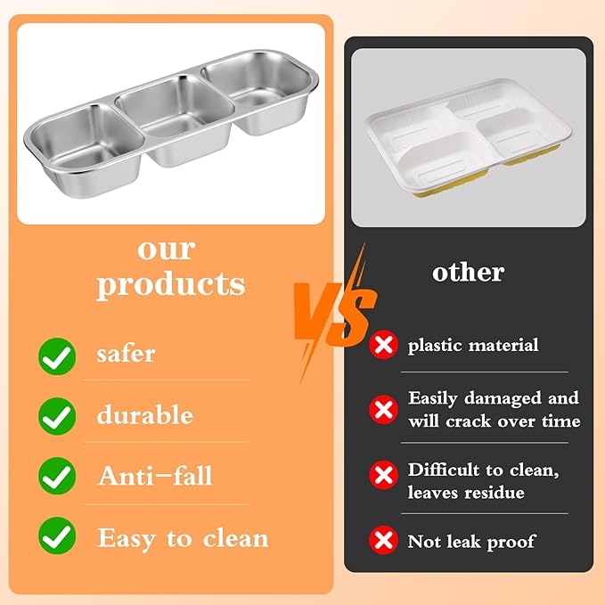 10 Pack Stainless Steel Snack Containers with Lids - 3 Compartments Reusable Metal Bento Boxes Divided Food Storage Containers For School,Office Home And Travel Stackable Lunch Boxes