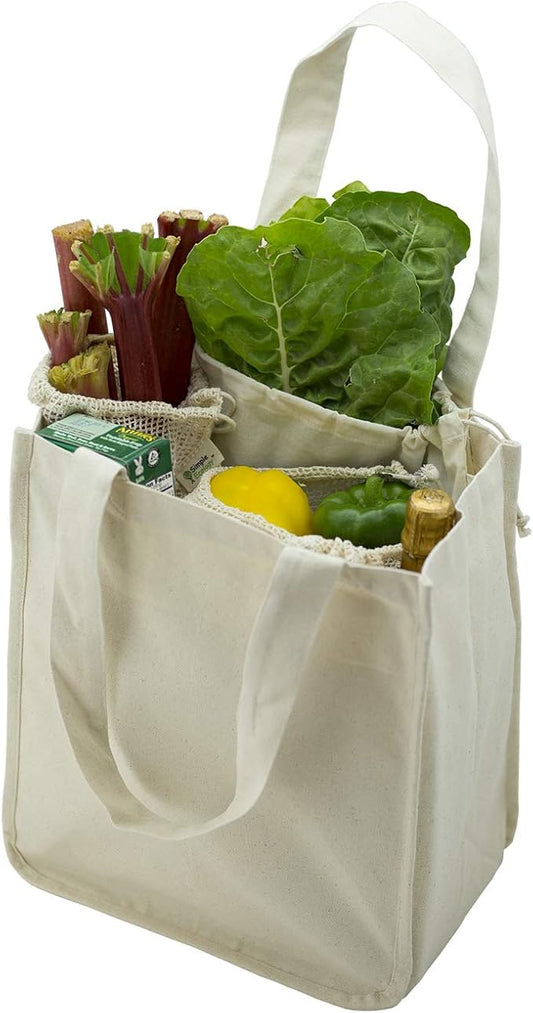 Simple Ecology Organic Cotton Deluxe Reusable Grocery Shopping Bag; Bottle Sleeves, Rigid Bottom Support (UPDATED DESIGN)