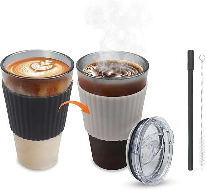 Black Glass Cups with Lid and Straw, 16 oz Glass Coffee Cup, Reusable with Temperature Sensitive Silicone Sleeve and Silicone Straw,Travel Iced Coffee Cup for Juice andMilk Tea (single pack)