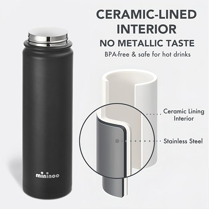 Mininoo Insulated Stainless Steel Water Bottle with Straw, Ceramic-Lined, BPA-Free & Leak-Proof, 24 oz, Black