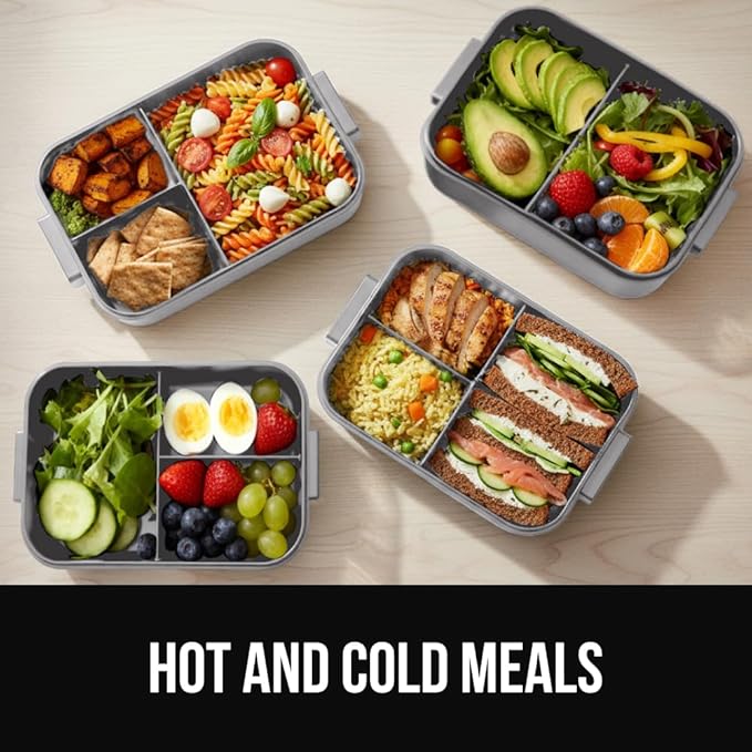 GORILLA GRIP BPA-Free Leakproof 3-Compartment Bento Lunch Box for Adults, Kids, Microwave Safe Hot and Cold Food Containers, Easy to Carry Lid Includes Built-In Utensils Set, Holds 5 Cups, Gray