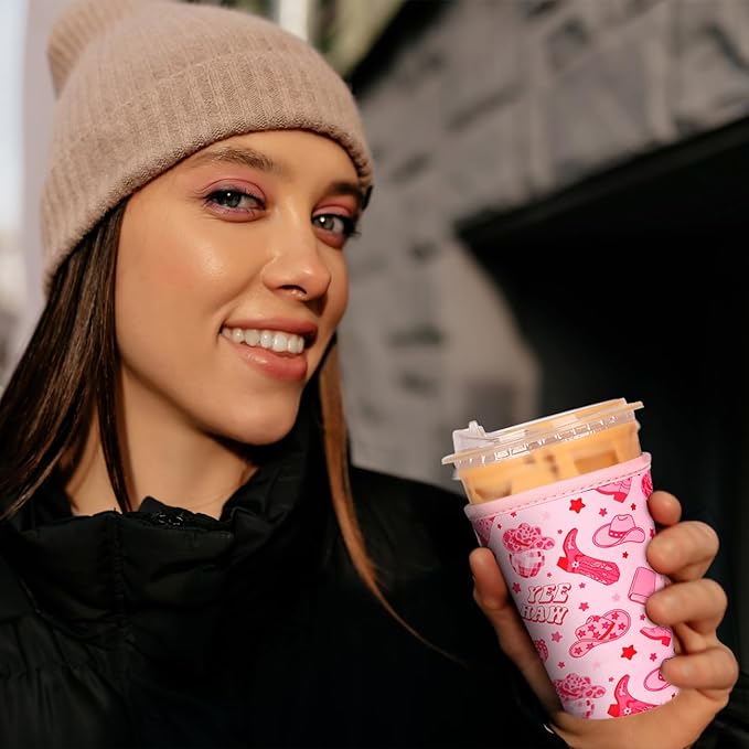 Reusable Insulated Neoprene Iced Coffee Cup Sleeve, Durable Drink Sleeve for Cold Beverages, Beverage Holder for Iced Coffee, Pink Cowgirl