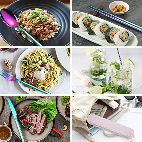 AARAINBOW 7 Pieces Stainless Steel Flatware Set Portable Reusable Cutlery Set Travel Utensils Set Including Chopsticks Knife Fork Spoon Straws Cleaning Brush Dishwasher Safe (Multicolored) - Image 4
