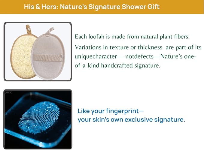 Natural Loofah Bath Sponge Set of 2 ，Exfoliating Body Scrubber，Large Size 7.1"x5.1" Oval Dual-Color (White & Brown) ，Men's and Women's Styles, Spa-Grade Couple Gift，Eco-Friendly Shower Gift