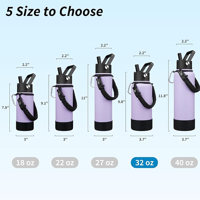 BJPKPK 32oz Insulated Water Bottles with 3 Lids, Paracord Handle & Non-slip Boot, Stainless Steel Metal Water Bottle,Reusable BPA Free Thermal Flasks, Tumblers, Lavender