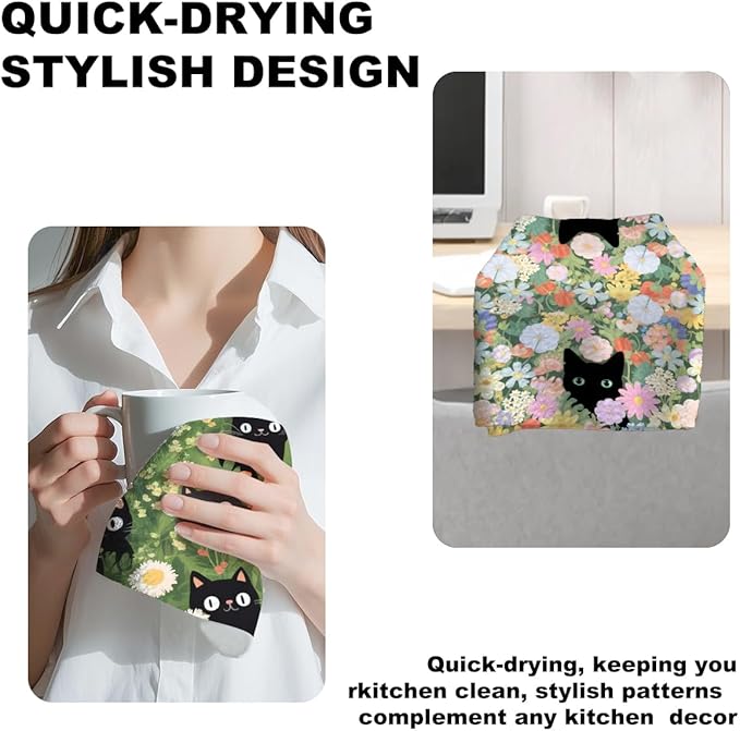 Jztco 2Pcs Cute Cat Kitchen Towels 24x14 Inch, Colorful Floral Waffle Weave Hand Towels for Kitchen Home Decor, Absorbent Microfiber Dish Cloth Tea Towel, Cat Lover Gifts for Women Mom Grandma