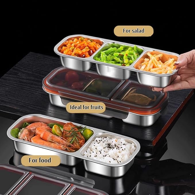 Stainless Steel Snack Containers, 2Pack Reusable Double/2 Compartment Snack Containers with Lids, Divided Food Storage Containers Sauce Cups for School, Travel(doube Compartment-black)