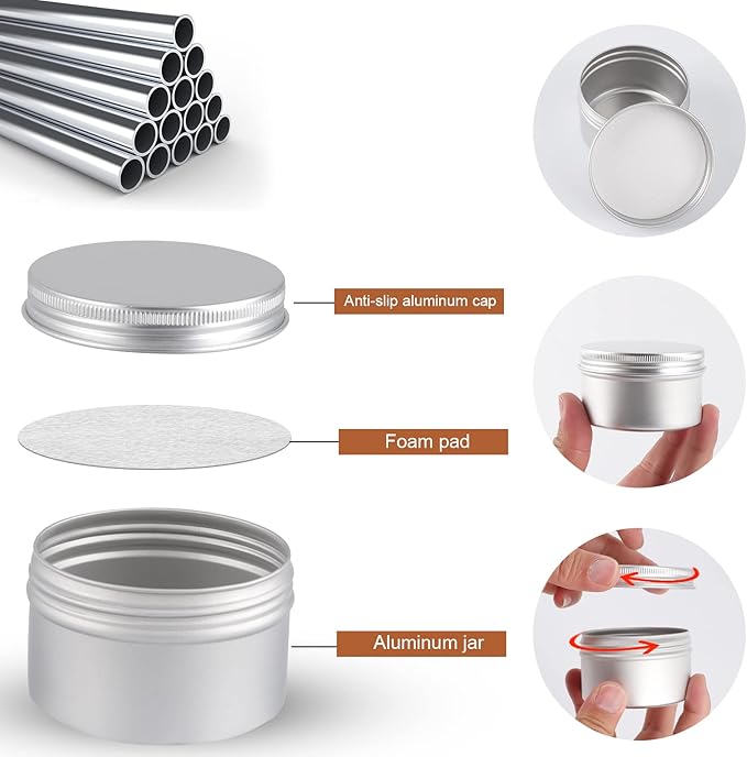 64 Pack Round Cans with Screw Lid 4 Oz Aluminum Metal Tins DIY Food Candle Containers for Lotion Bars, Balms, Salve, Spices, Beard Balm, Crafts with 4 Markers 2 Sheets Label Stickers (Silver)