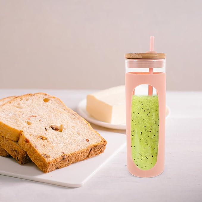 Ciieeo Glass Drinking Cup with Lid and Straw Reusable Glass Tumbler with Silicone Sleeve Coffee and Iced Tea Beverage Water Cup for Home and Travel