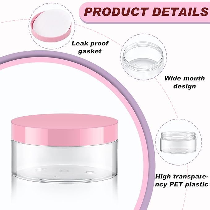 Dandat 24 Pcs 4 oz Plastic Jar Container with Lid and Label Refillable Empty Round Clear with Pink PET Cosmetic Sample Containers for Lotion, Cream, Ointments, Body Butter, Makeup, Travel Storage