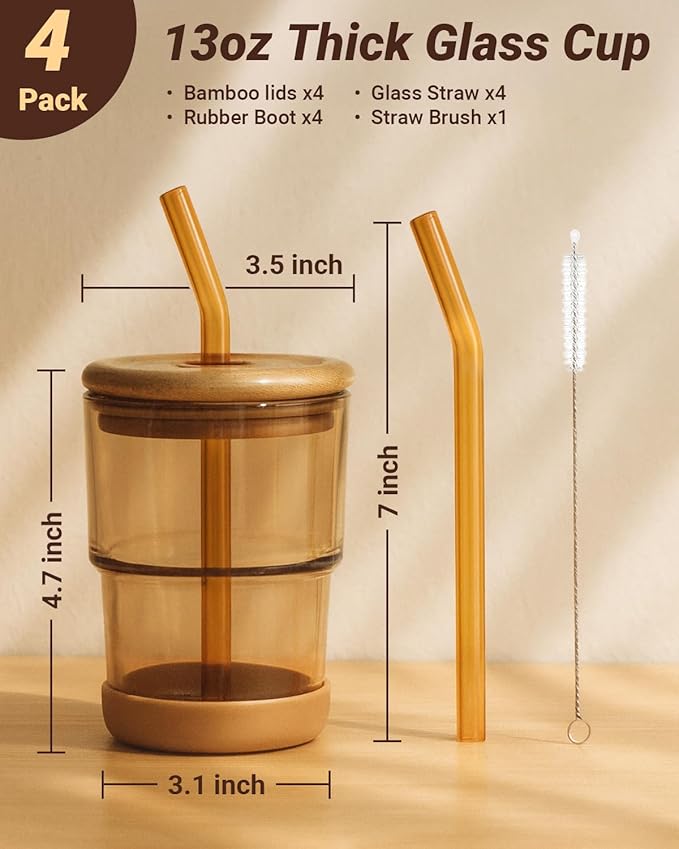 Zukro 13 oz Glass Iced Coffee Cups with Bamboo Lid and Straw for Office/Home/Work, Zero Plastic, Thick Wall Glass Water Tumbler With Silicone Bottom, Matcha Glasses, ECO Friendly, Amber 4 Pack
