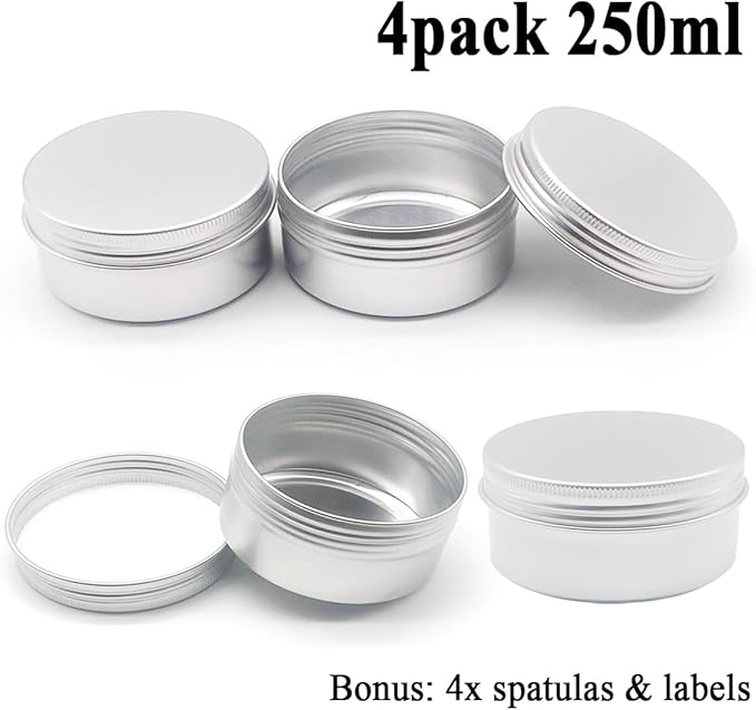 4pack 250 ml Silver Lip Balm Tin Cans, 250g Mini Aluminum Makeup Sample Containers with Screw Lid, Empty Metal Tins Pot Storage Travel Jars for Cosmetic Cream Candle Tea, 250 Gram Small Tins